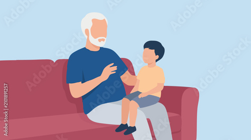 Принти на полотні Grandfather and grandson sitting on a sofa, sharing a moment and talking