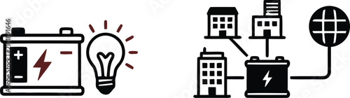 Cuadro en lienzo Battery And Lightbulb Icon With Energy Symbol Plus City Power Grid Illustration