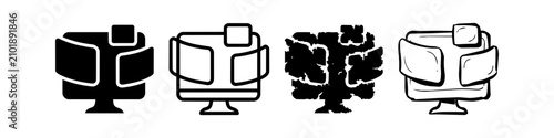 Set of Computer Monitor Icons in Four Styles: Solid, Outline, Grunge, and Hand-Drawn - Multi-Screen Display Concept for Modern Technology Designs