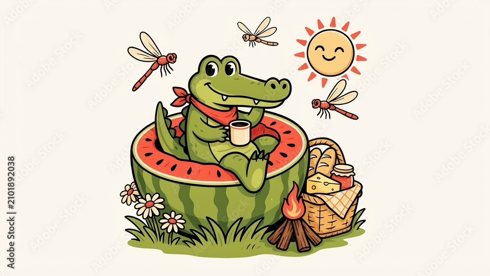Obraz premium Crocodile sits inside a slice of watermelon while enjoying a picnic outdoors on a sunny summer day in the meadow.