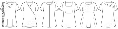 medical healthcare scrub tops with pockets technical drawing fashion flat sketch vector illustration template cad mockup