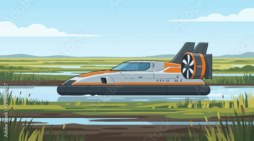 Photos Modern hovercraft traversing a marshland in a flat design illustration