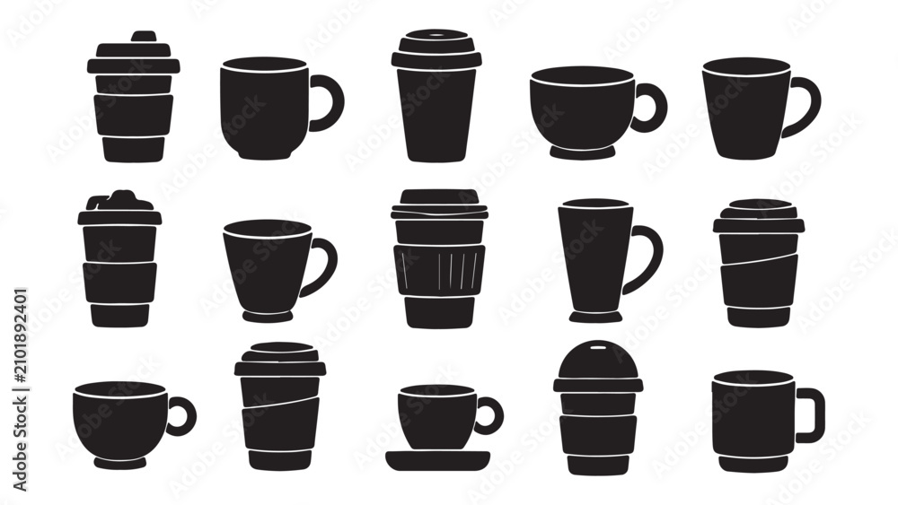 Fototapeta premium A comprehensive collection of various coffee mugs and takeaway cups in silhouette style isolated on a plain white background for design