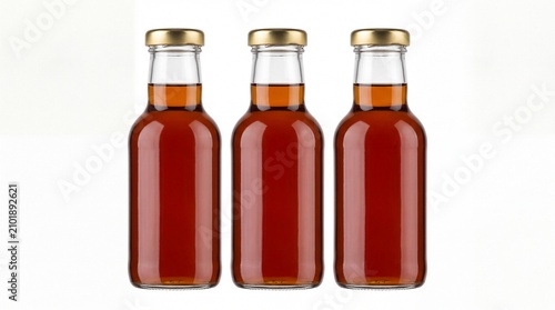 Three small glass bottles filled with brown tea liquid and gold caps on white background