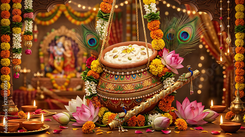 Krishna Janmashtami celebration with butter pot. Traditional Hindu festival decor with flowers.