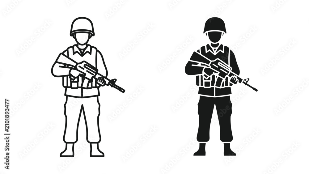 Fototapeta premium Set of soldier icons, military personnel with rifle, vector illustration isolated on white background