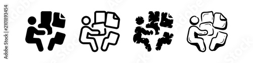 Set of Workload Icons Showing a Person Managing Multiple Documents in Four Styles: Solid, Outline, Grunge, and Hand-Drawn