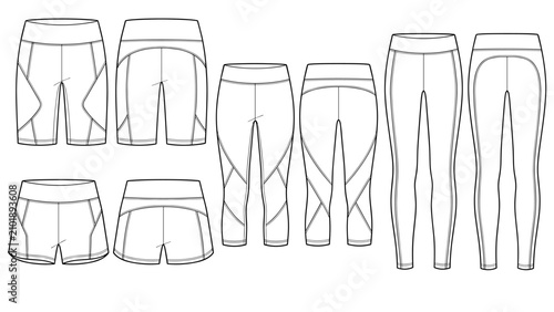 Set of geometric seam sport tight pants. Leggins, shorts, capris