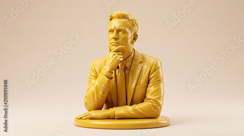 Thoughtful mature businessman in golden suit contemplating strategy. Senior executive analyzing business solutions with confident focus and profess...