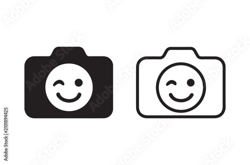 Camera With Smiling Face Icon Black And White Silhouette Style