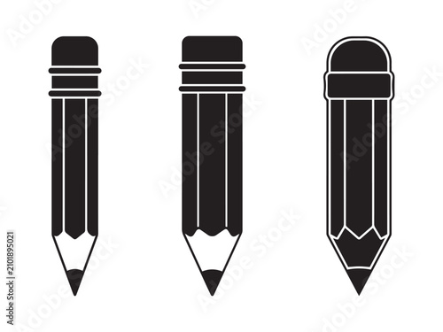 Tableau sur toile Pencils represented as three distinct flat black icons illustrate the fundamental tools used for writing, sketching, and professional graphic design projects