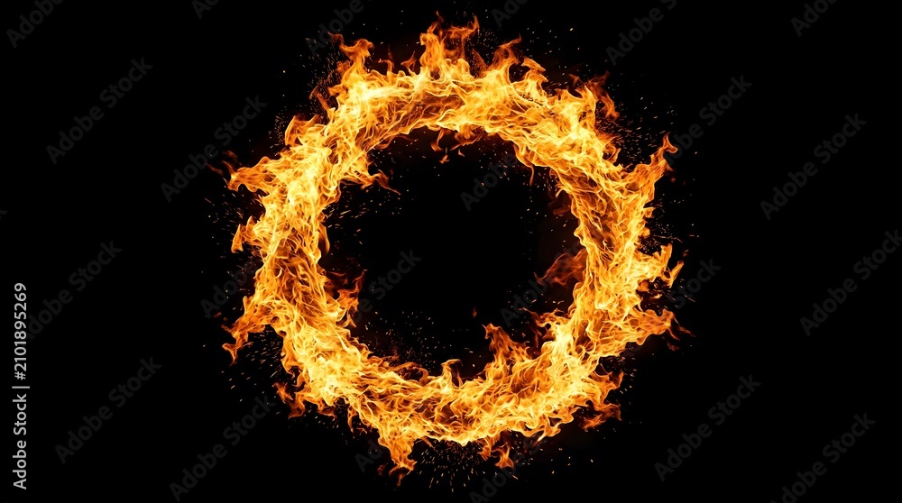 Fototapeta premium Burning fire ring with glowing sparks isolated on a black background