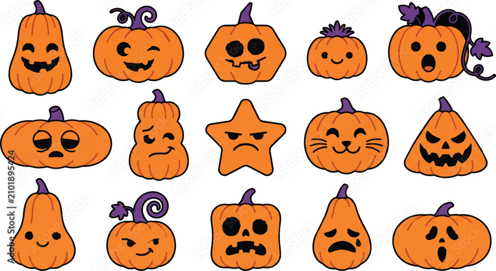 Fototapeta premium Cute Halloween pumpkin icons and jack o lantern collection on white background