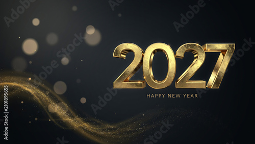 Three dimensional golden 2027 new year celebration text with glittering bokeh background celebration typography background metallic greeting calendar ornament abstract