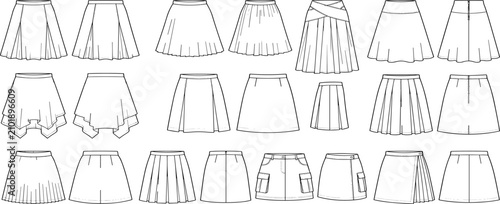 Fotografía Fashion technical sketch collection of women flared pleat and asymmetric mini sk