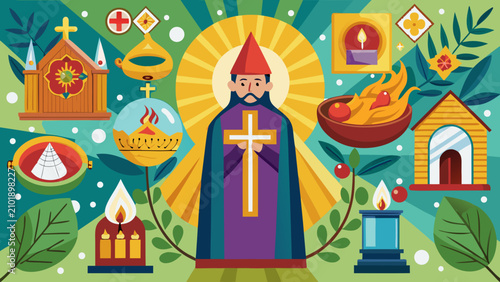 Foto Colorful flat vector illustration of a religious cleric holding a gold cross