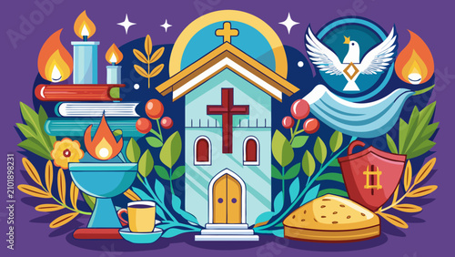 Foto Vibrant religious concept illustration featuring church building spiritual symbo