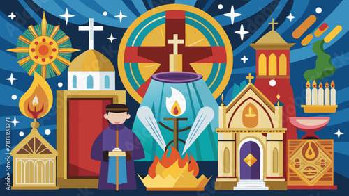 Bild auf Leinwand Abstract religious flat vector illustration with cathedrals symbols and priest u