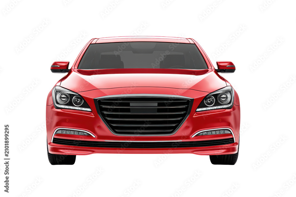 Fototapeta premium Elegant red sedan of modern luxury and style isolated on transparent background. Front view of modern red luxury SUV car isolated on white background.