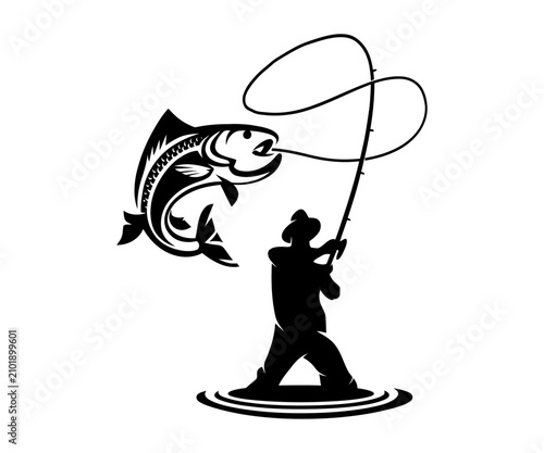 Fly fishing angler casting rod jumping fish vector silhouette