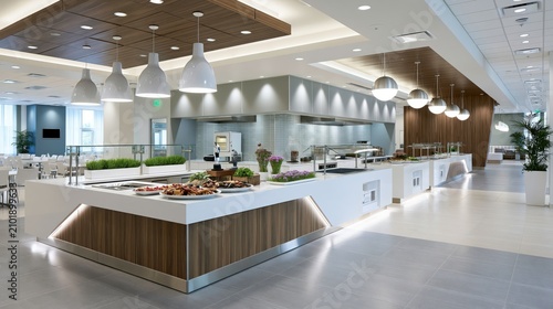 Modern cafeteria serving line with fresh food displays under bright ambient lighting