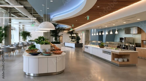 Modern office cafeteria with fresh food stations and ample seating during daytime illumination