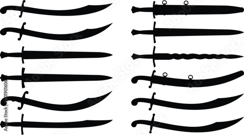 Schilderij op canvas Curved Sword and Saber Silhouette Collection with Medieval Blade Icons Isolated
