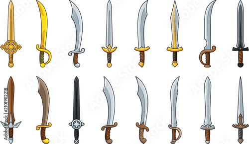 Картината върху платно Fantasy and Medieval Sword Collection Flat Vector Weapon Illustration Set for Ga