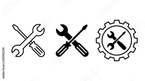 Three crossed tools and gear icon set