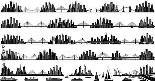 Schilderij op canvas Coastal metropolis outlines vector divider lines pack showcasing maritime harbor