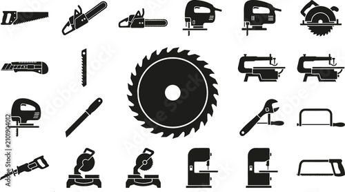 Konstfotografi Carpentry Power Tools and Woodworking Saw Icon Set Featuring Circular Saw Blade