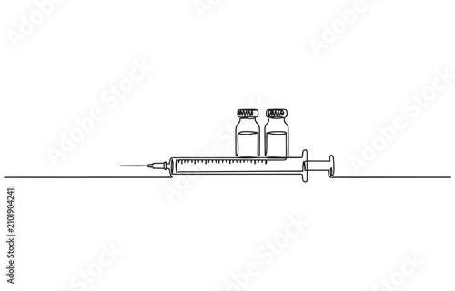 One continuous line drawing of medicine set with syringe and vial, Medical syringe and medicine vial. Pharmaceutical components and vaccine symbol.