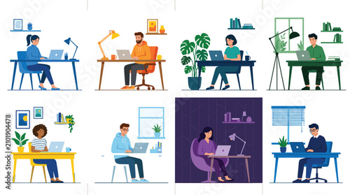 People Working on Laptops at Home and Office Desks Vector Illustration Set for Remote Work Freelance Workspace and Online Education Designs