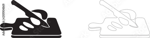 Fotografía Slicing loaf with knife on board vector icon filled and outline, chopping food on wooden surface symbol