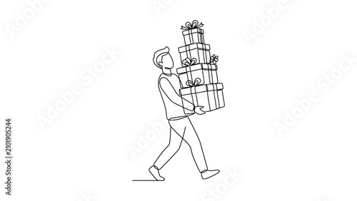 A continuous line drawing of a man carrying a tall stack of gift boxes.