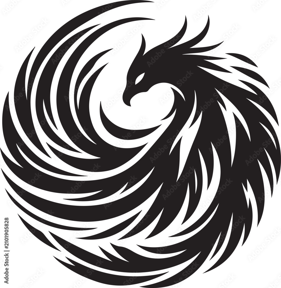 Fototapeta premium Black Phoenix In Swirling Circle Symbolizing Rebirth And Strength Vector Illustration