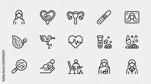 Foto Vector thin line icon set representing pregnancy maternal health gynecology embryo development childbirth ultrasound testing medical consultation and newborn care
