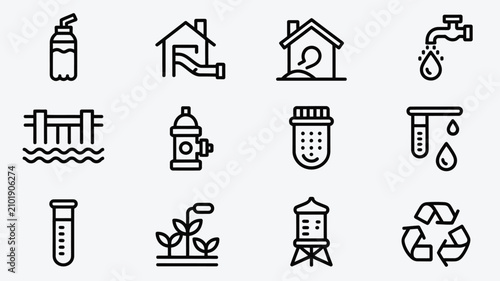 Vector thin line icon set representing water supply infrastructure resource management utilities filtration plumbing recycling dam storage and eco laboratory.