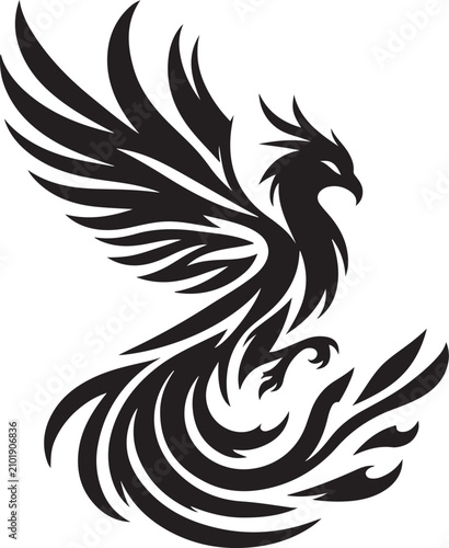 Fotografía Mythical Phoenix Bird Ascending From Flames With Spread Wings In Stylized Black