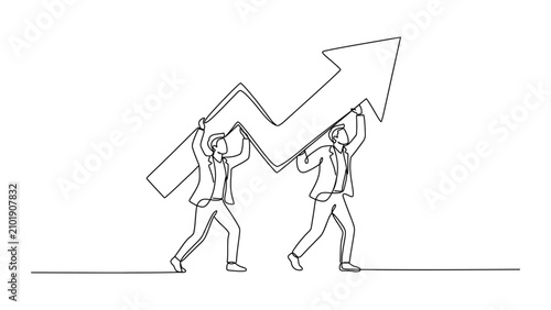 Continuous line drawing of two businessmen carrying a large upward trending growth arrow.