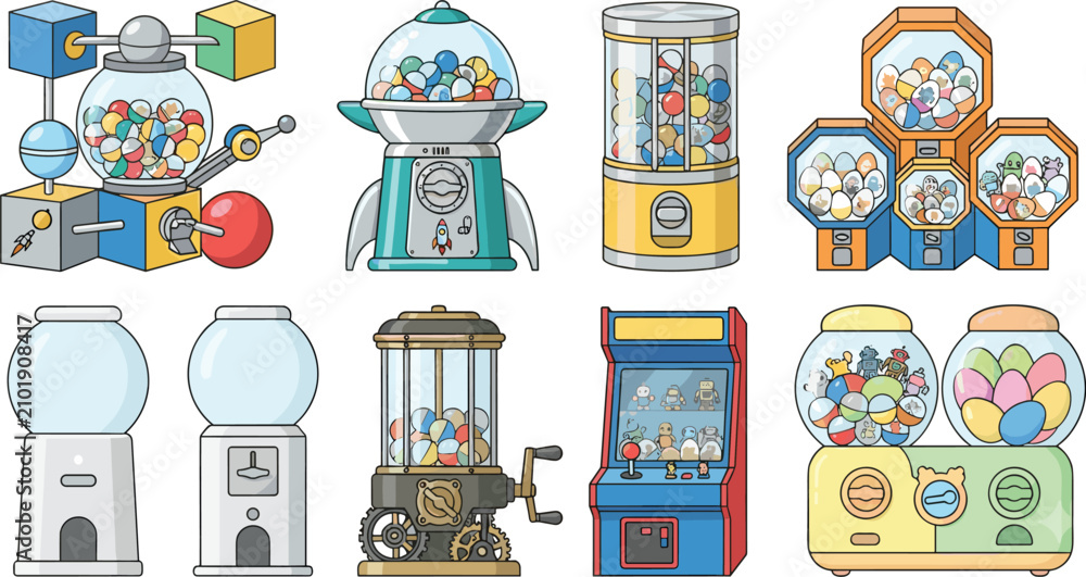 Fototapeta premium Gumball machine vector set capsule toy vending machines arcade claw candy dispensers