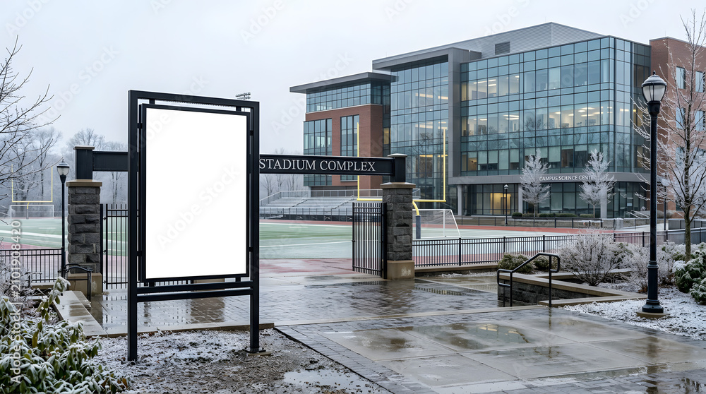 Naklejka premium Blank Billboard Mockup at Winter Stadium Entrance