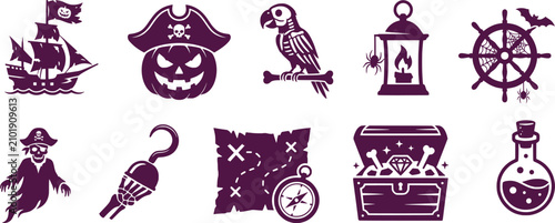 Spooky Halloween pirate silhouette icon set featuring a ghost ship jack-o'-lantern captain skeleton parrot treasure map diamond chest and poison potion bottle vector graphic