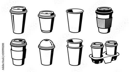 Quadro su tela Black and white illustration of various disposable coffee cups