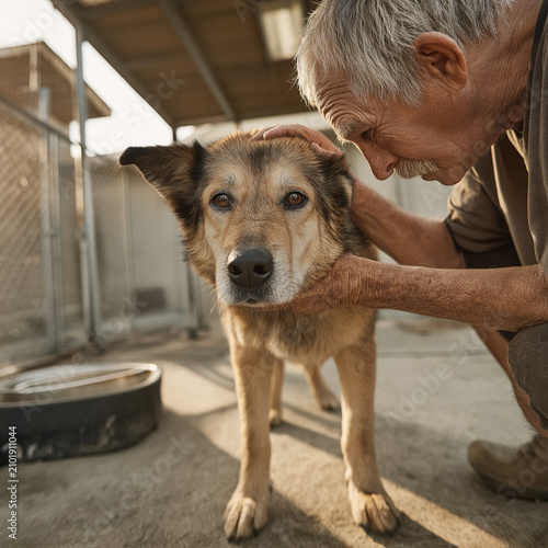 Senior Shelter Volunteer Gently Brushing Rescued Dog for International Dog Day