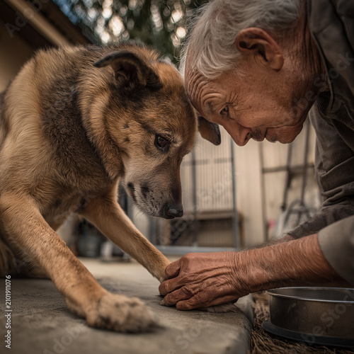 Senior Shelter Volunteer Gently Brushing Rescued Dog for International Dog Day