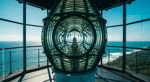 Lighthouse lens overlooking sea and coastline