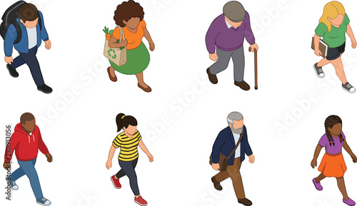 Obraz na płótnie Isometric Pedestrians and People Walking Vector Character Set Isolated on White