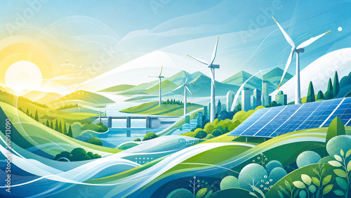 Renewable Energy Sources in Futuristic Landscape with Solar Panels and Wind Turbines