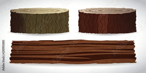 Walnut brown oak tree stump and horizontal timber plank vector background